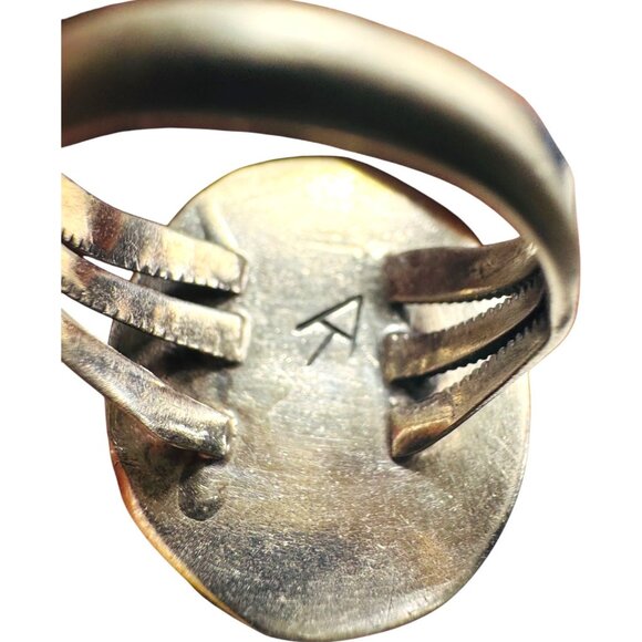 Vintage Navajo Sterling Silver Ring With Malachite Cabochon Stone Size 7.5 - Picture 4 of 13